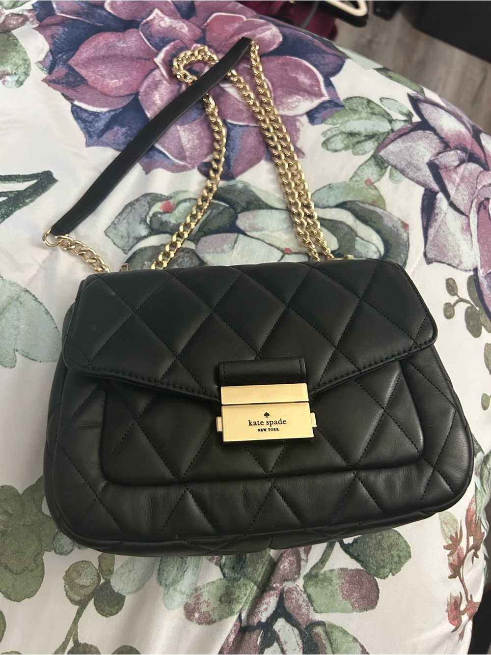kate spade Black Quilted Leather Shoulder Bag with Gold Chain
